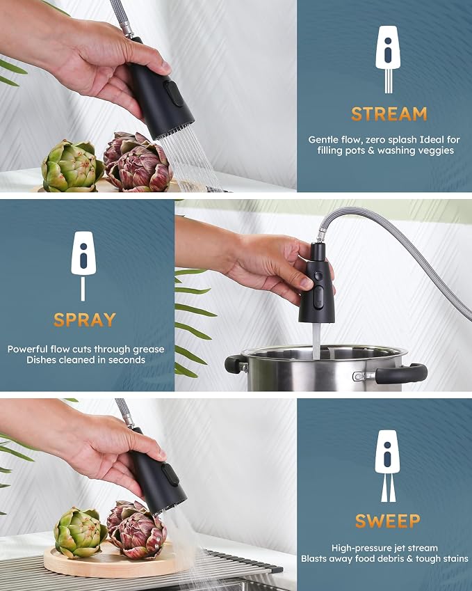 WOWOW Black Kitchen Faucet with Soap Dispenser, Stainless Steel Kitchen Sink Faucet, Matte Black Kitchen Faucet Single Handle High Arc Utility Sink Faucet for Sink, RV, Laundry, Bar