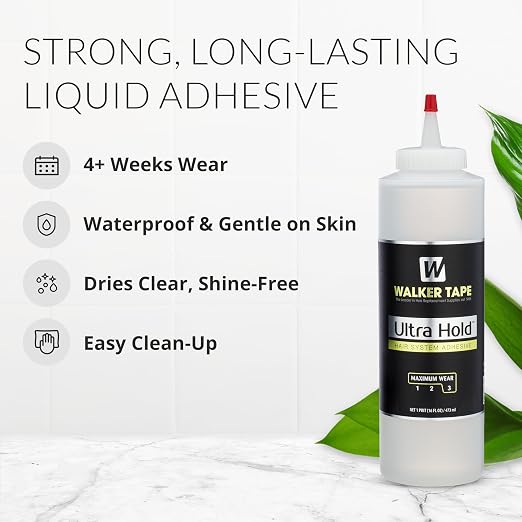 Walker Tape Ultra Hold Brush-On Adhesive 16 oz, Waterproof Wig Glue for Lace Systems and Tape in Hair Extensions Human Hair, Strong Clear-Drying Liquid Adhesive for Hairpiece Bonding and Maximum Wear