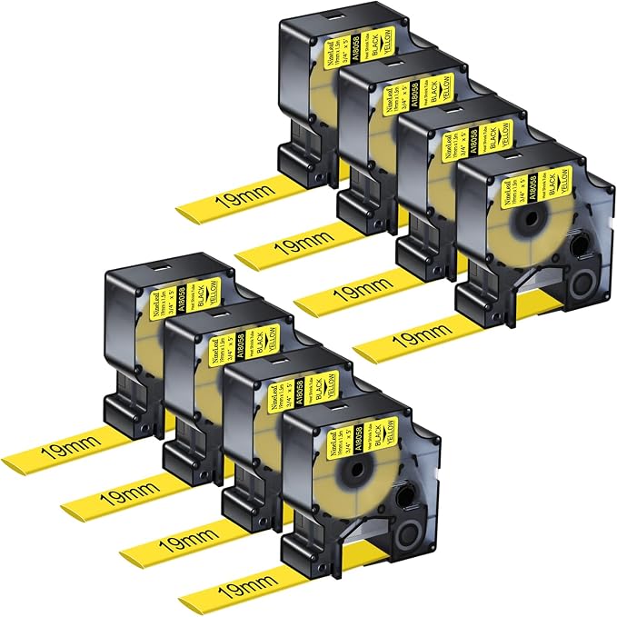 NineLeaf 8 Pack Compatible Labels Tape Replacement for Dymo 18058 3/4 inch Black on Yellow Heat Shrink Tube Labels 19mm x 1.5m for Wires and Cables Use in Rhino 4200 5200 5000 6000 3M Label Maker