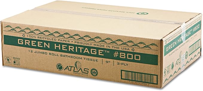 Green Haritage 800 9" Diameter x 3.42" Width, 2-Ply Jumbo Roll Bathroom Tissue (Case of 12)