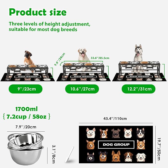 SHAINFUN Adjustable Height Dog Bowl Stand with 4 Bowls for Multi-Dog Homes– Elevated Dog Bowls for Large Breeds with Anti-Slip Mat, Raised Feeding Station with Stainless Steel Bowls