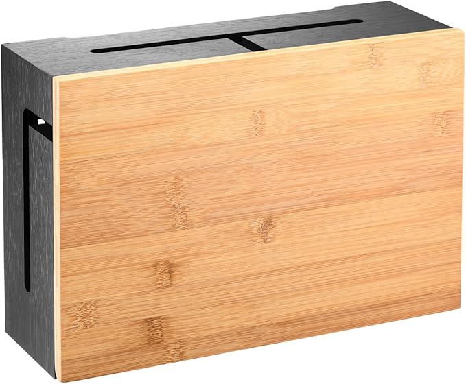 Bamboo Cable Management Box with Magnetic Lid - 12,6x7,8x4.3 in - Durable Cable Organizer to Hide Cords & Power Strip - Wall Mountable - Including Hardware - for Home, Office, Desk & More (Black)