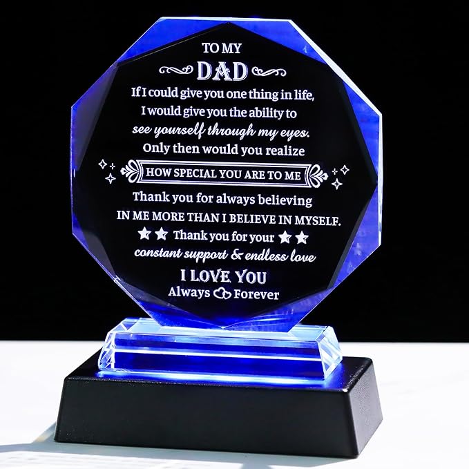 Movdyka Gifts for Dad Christmas, Crystal Keepsakes with LED Base, Birthday Gift Ideas to My Dads from Daughter Son Best Presents for Father on Valentine's Day Thanksgiving Fathers Day