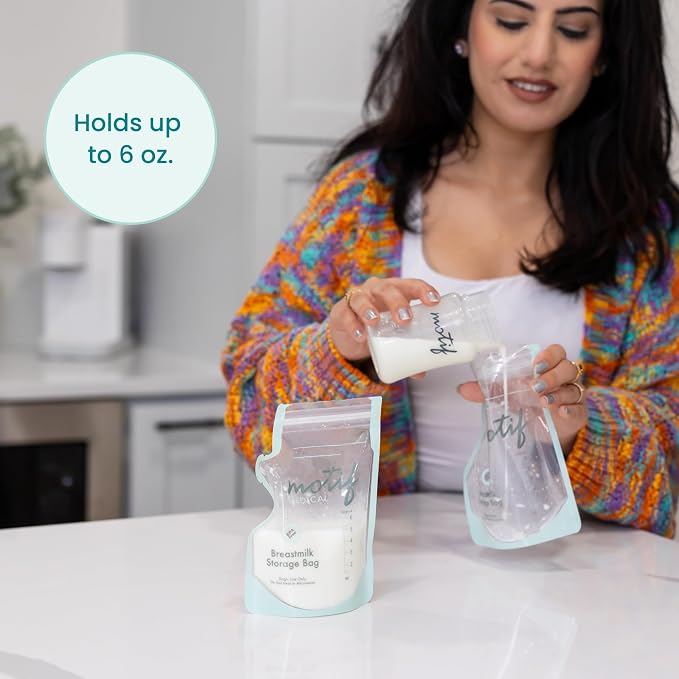 Motif Medical Breastmilk Storage Bags - Freezer Bag w/Easy Pour Spout, Write-On Label - Leak-Proof Double Zipper Milk Bags for Breastmilk - Ideal Breastfeeding Mom Gifts (6 oz, 90 Count)