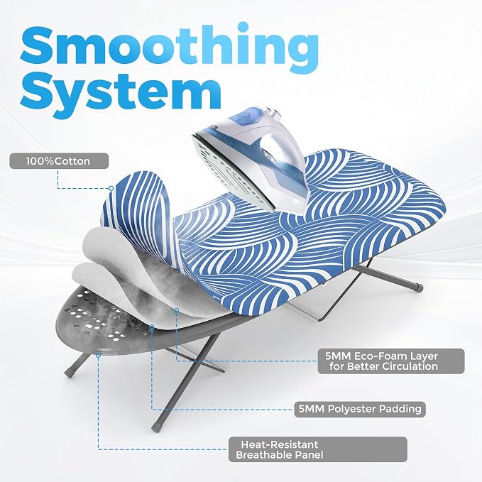 KINGBOARD Tabletop Ironing Board, Small Ironing Boards with Iron Rest, Folding Iron Board, Extra Thick Cover, Portable Tabletop Ironing Board with Non-Slip Feet, 30x12 Blue and White