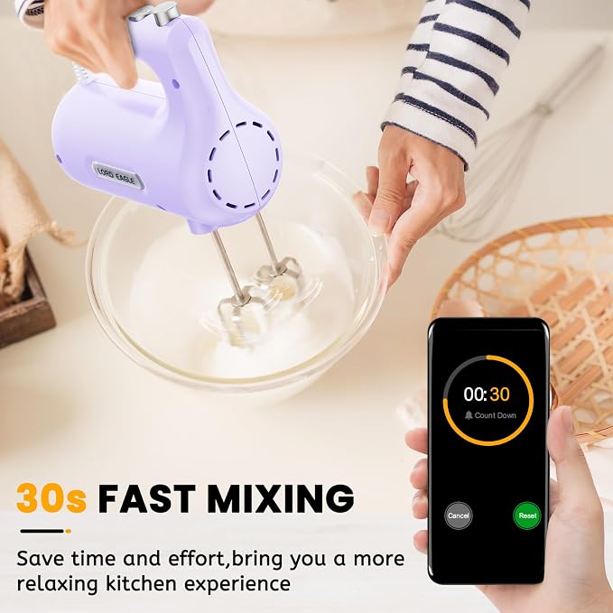 Lord Eagle 5-Speed Hand Mixer Electric, 300W Compact Handheld Mixer, Portable Kitchen Egg Beater with 5 Attachments & Storage Bag, Cake Supplies for Bread Dough Baking, Lightweight, Purple