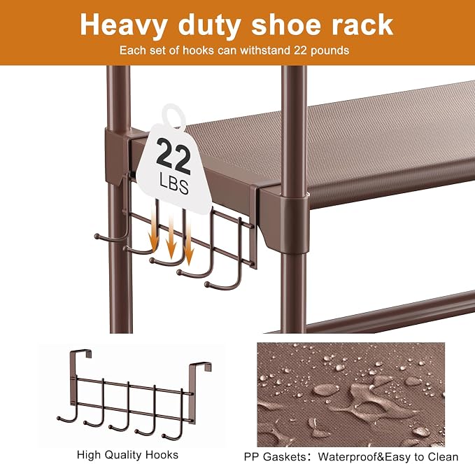 WOWLIVE 9 Tiers Large Shoe Rack Brown Shoe Rack Organizer for Closet 30-35 Pairs Stackable Heavy Duty Shoe Shelf Shoe Storage with Metal Pipes Plastic Connectors