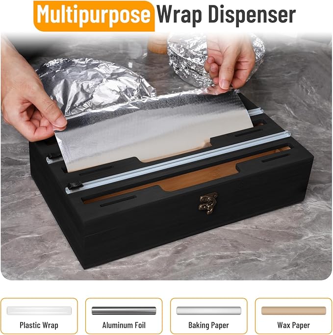 Allinside Magnetic Plastic Wrap Dispenser with Cutter, 3 in 1 Refrigerator Bamboo Wood Organizer for Tin Foil, Baking, Wax Paper Holder Kitchen Storage Box Compatible with 12.9" Roll, Black (3 Layer)