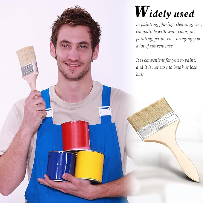 Remerry 96 Pcs 4 Inch Paint Brushes Bulk, Natural Bristle Chip Brushes with Wooden Handle, Flat Art Applicators for Wall, Furniture, Kids, Fences Details
