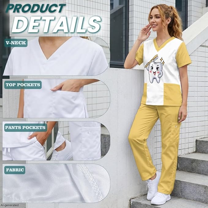 Gomyblomy Women's Scrubs Suit 3-Piece Set | Teeth Print V-Neck Top & Pants & Cap, Breathable and Stretch Fabric, S-5XL