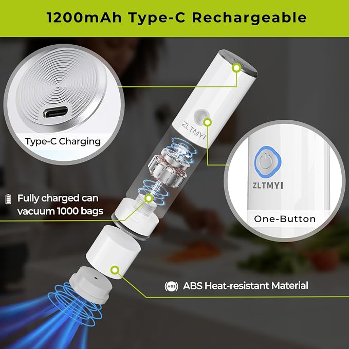 Handheld Vacuum Sealer for Food with 20 Reusable Vacuum Bags | 65kpa Compact Portable Pump, USB-C Rechargeable, One-Touch Auto Stop, Food Storage, Meal Prep, Freezer And Sous Vide