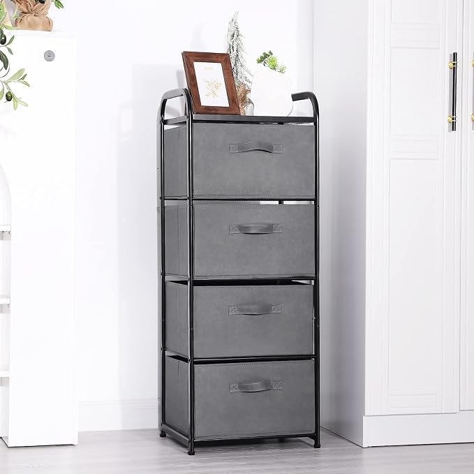 MAX Houser 4 Drawer Fabric Dresser Tall Storage Tower, Dresser Chest with Wood Top, Vertical Nightstand Side Organizer Unit with Metal Frame for Closets Bedroom Nursery Room Hallway(Leaden) | , Dresser Chest with Wood Top, Vertical Nightstand Side Orga...