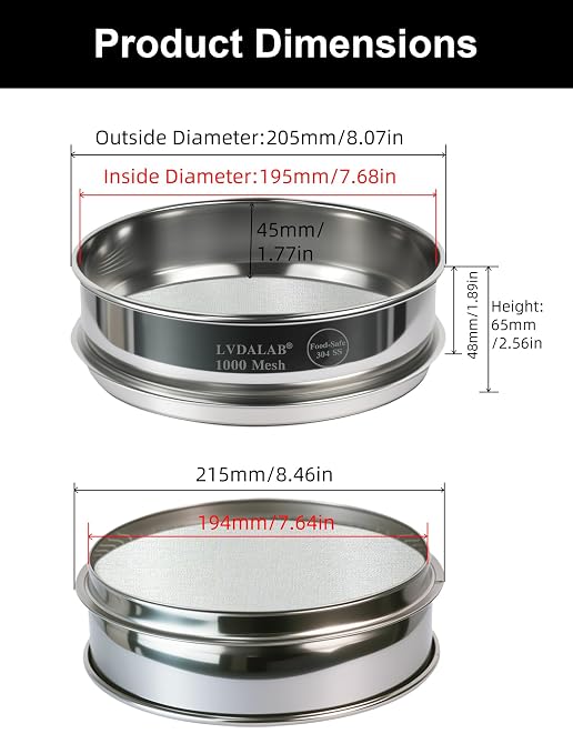 All 304 Stainless Steel 1000 Mesh Test Sieve (0.010mm Aperture), 8 Inch/20cm Diameter, Ultra Fine Micron Filter, Lab Sifter for Nano-Powder & Scientific Research