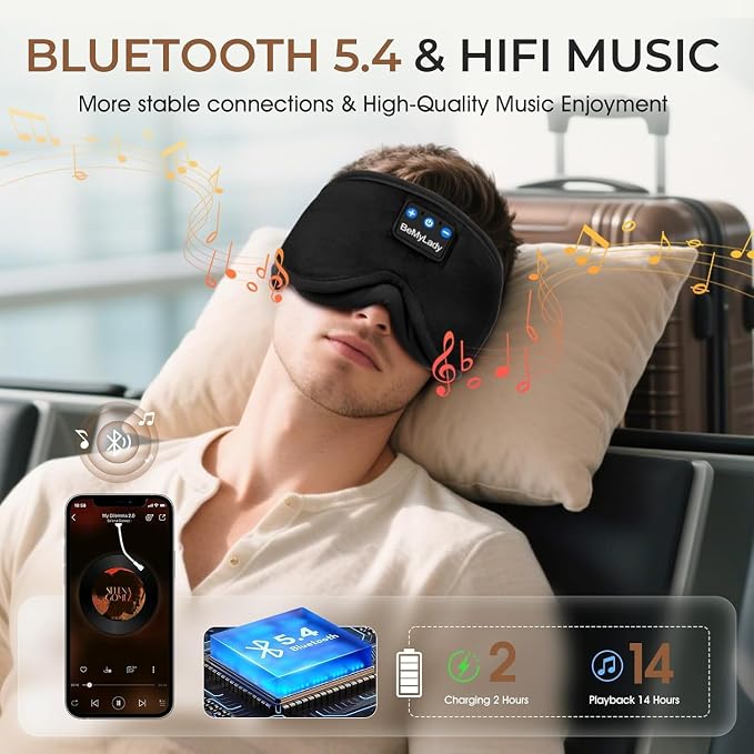 Sleep mask Headphones,100% Blackout 3D Zero Eye Pressure Bluetooth Sleep mask Breathable Eye mask with Bluetooth Headphones Sleep Headphones for Side Sleepers, 14H Playtime&Bluetooth 5.4 Black