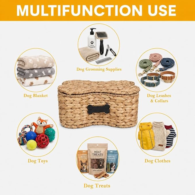 Dog Toy Basket with Lid, Bone Shape Wicker Pet Toy Storage Bin, Handmade Water Hyacinth Dog Organizer with Name Label, Dog Cat Toy Basket Holder Box for Living Room, Leashes, Balls, Blankets