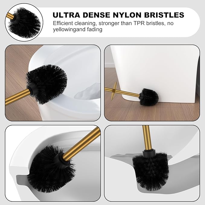Brushed Gold Toilet Brush and Holder Set，Stainless Steel Heavy Duty Toilet Bowl Brush，Extra Long Handled Modern Toilet Cleaner Brush with Replaceable Head, Removable Inner Bowl, and Splash Protection