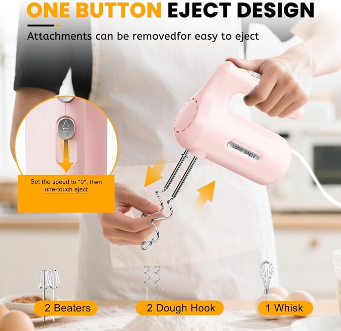 Lord Eagle 5-Speed Hand Mixer Electric, 300W Compact Handheld Mixer, Portable Kitchen Egg Beater with 5 Attachments & Storage Bag, Cake Supplies for Bread Dough Baking, Lightweight, Pink