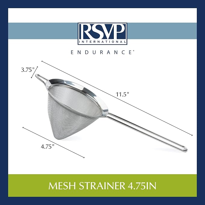 RSVP International Endurance Kitchen Collection, Stainless Steel Fine Mesh Conical Sieve/Colander, Multi-Purpose for Cooking, Baking, Loose Leaf Tea, Bar Strainer Cocktails, 4.75-Inch