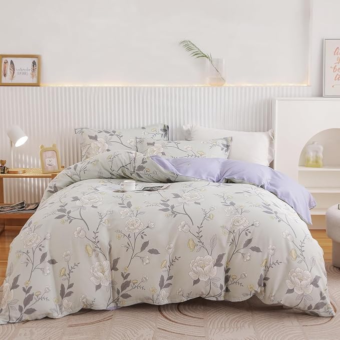 OAITE Duvet Cover King Size - 100% Cotton Comforter Cover Floral Duvet Cover Sets 3-PC, Breathable Duvet Cover with Zipper Closure & Corner Ties