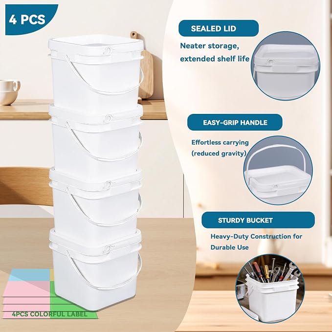 Bucket with Lid - 4 Packs Square Plastic Storage Containers, Food Safe with Handle, Airtight Pressure Lids for Kitchen & Home (White, 0.8 gal)