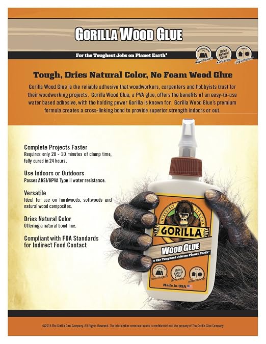Gorilla Wood Glue, 8 oz., Water Resistant PVA Wood Glue for Indoor & Outdoor Projects, Fast Clamp, Natural Color, Paintable & Sandable (Pack of 12)