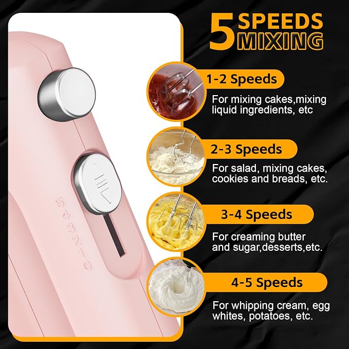 Lord Eagle 5-Speed Hand Mixer Electric, 300W Compact Handheld Mixer, Portable Kitchen Egg Beater with 5 Attachments & Storage Bag, Cake Supplies for Bread Dough Baking, Lightweight, Pink