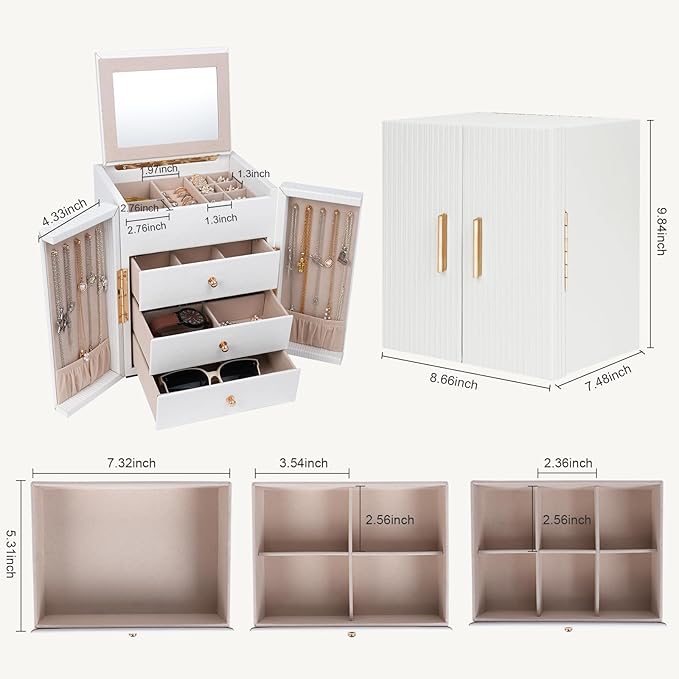 Dajasan Large Jewelry Box Organizer, Jewelry Storage Organizer with 3 Drawers, Huge Jewelry Box with Mirror for Women Girls, Double Door, Textured PU Leather, Gift Idea, Stylish (White + Gold)