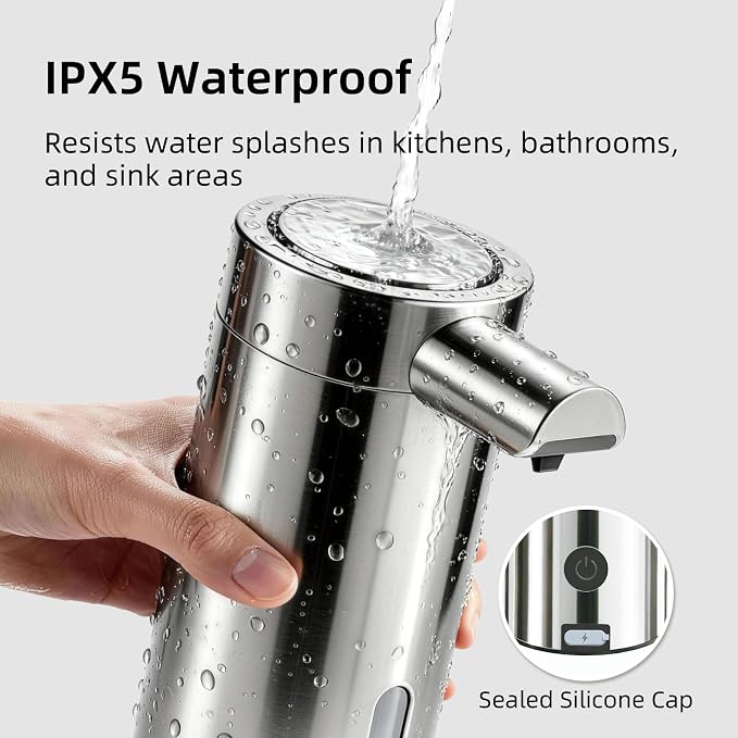 Automatic Soap Dispenser, 2-Pack, 12 fl oz, Stainless Steel, Touchless | Liquid Hand Soap Dispenser, Variable Dispense, Rechargeable, No-Drip Spout, For Kitchen and Bathroom (Silver)