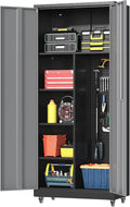Metal Garage Storage Cabinet with 2 Doors, Adjustable Rolling Tool Storage Cabinet with Lock, 71" Steel Locking Tool Cabinet with Wheels and Shelves for Garage, Warehouse(Black&Gray, 71" H)