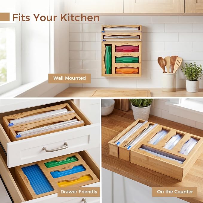 6 in 1 Storage Bag Organizer Kitchen Drawer, Bamboo Foil and Plastic Wrap Dispenser with Slider Cutter, Kitchen Bag Organizer for Quart, Gallon, Sandwich and Snack Bags