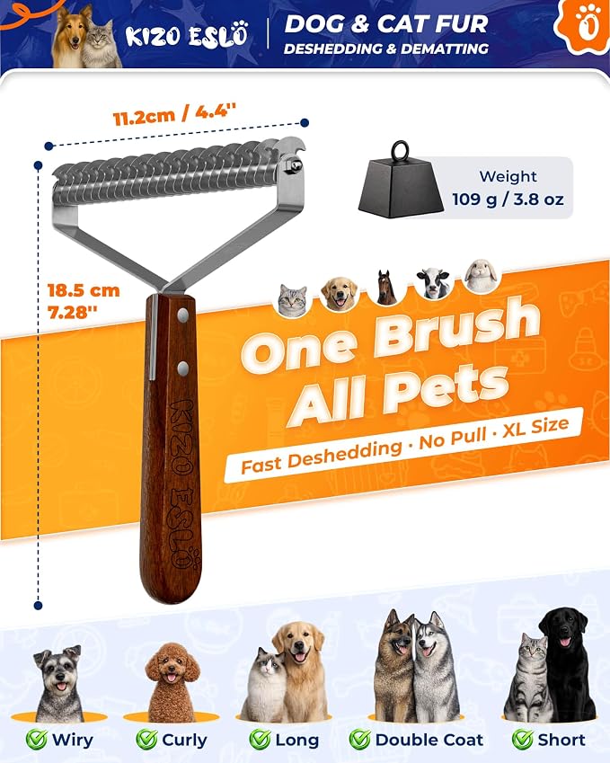 Extra Large 2-Sided Undercoat Rake for Dogs & Cats, Dog Brush for Shedding Remove Mats, Dematting Comb, Safe & Gentle Grooming Brush for German Shepherds Medium to Long-Haired Pets (Walnut Handle)