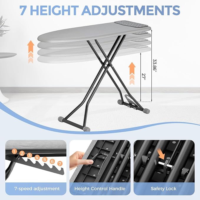 APEXCHASER Ironing Board, Compact Iron Board with Silicon Mat, Foldable Ironing Board with Heat Resistant Cover, 7 Height Adjustable, Space Saver Iron Board,13x43 Solid Grey