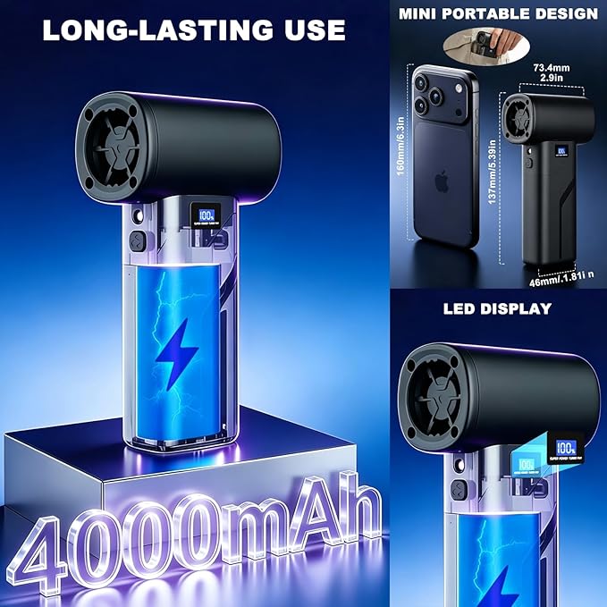 2-in-1 Vacuum and Blower, 110,000 RPM Compressed Air Duster, 160g Powerful Jet Dry Blower, Smart LED Display & Magnetic Nozzles, Cordless Air Duster for PC Cleaning Kit, Keyboard, Car Detailing