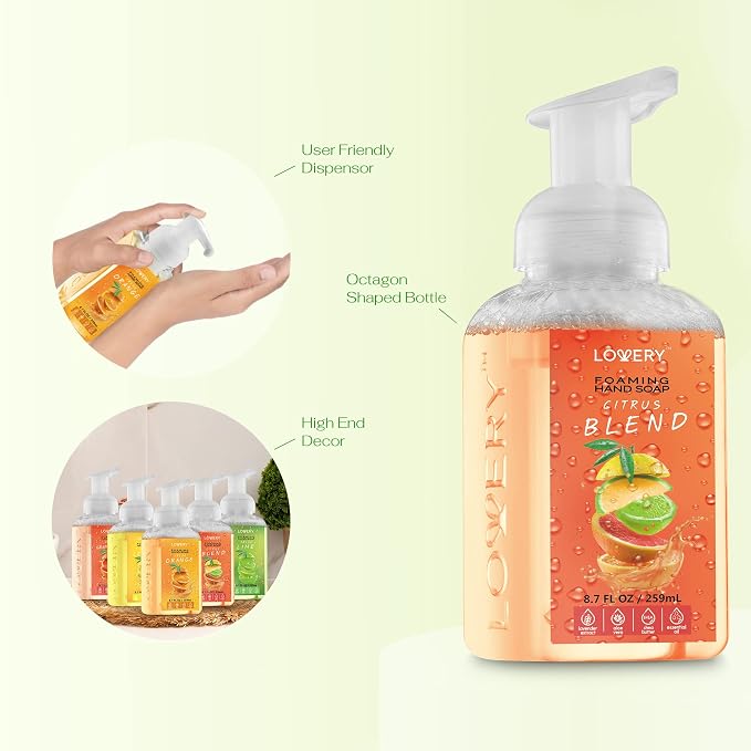 Foaming Hand Soap Pump - 5-PK - Moisturizing Hand Soap Foam with Aloe Vera & Essential Oils - Alcohol-Free Hand Wash in Citrus Blend, Lemon, Orange, Lime, Grapefruit Fragrances for Kitchen & Bathroom