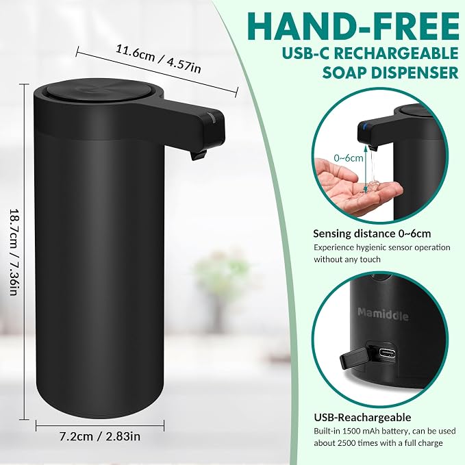 Automatic Soap Dispenser Stainless Steel with Sensor Infrared Soap Dispenser Electric IPX5 Waterproof USB-C Charging Motion Sensor for Kitchen & Bathroom (Matte Black - Wall Mount)