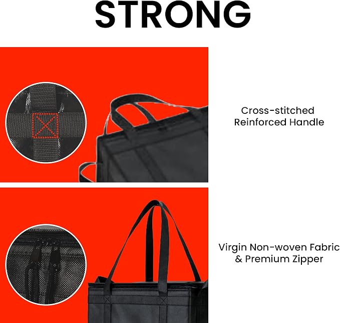 NZ home Insulated Food Bag, Portable Cooler Tote (Large, Black, 2 Pack) | Thermal bag, For cold and hot food, Soft sided cooler, Heavy duty 6-layered tote, Grocery shopping, Beach or travel bag