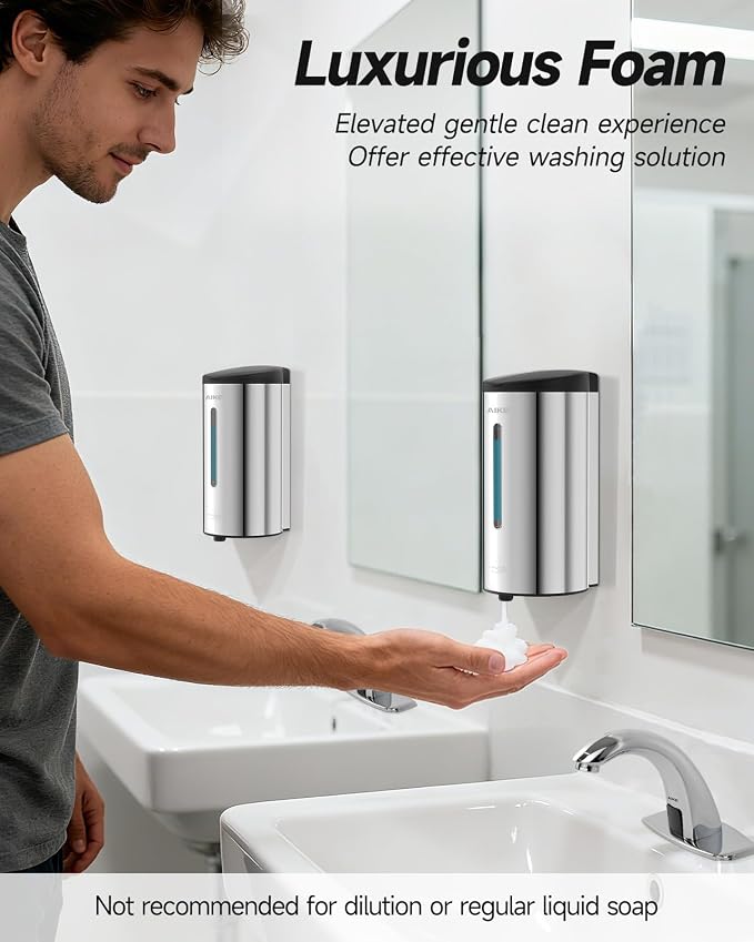 AIKE Automatic Foam Soap Dispenser 25oz for Bathroom,Polished AK1205FA | Rich Foam and Stainless Steel,No-drill and Screw Wall Mount,5-Level Adjustable and Key for Commercial(Batteries Not Included)