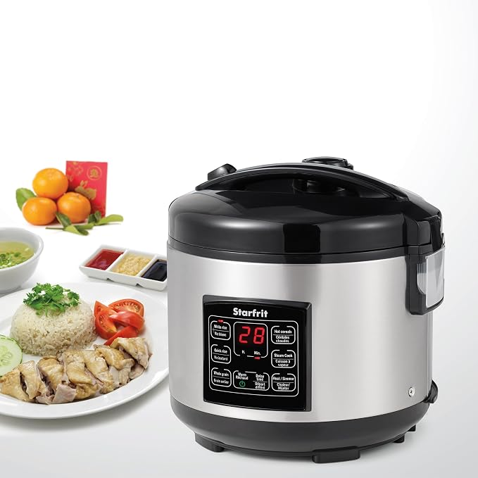 Starfrit Electric Rice Cooker - 14 Cups - Steamer Basket, Measuring Cup & Service Spoon - 500W - Silver
