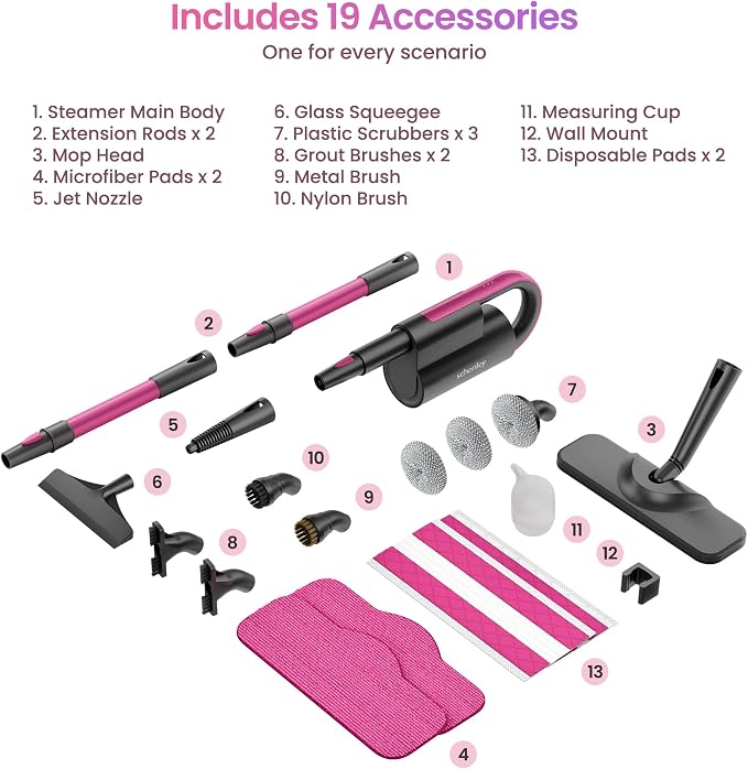 Schenley 19-in-1 Steam Mop Dual-Rod Design with Detachable Handheld Steamer for Walls, Grouts, Hard Floors, Tiles, includes Multi-purpose Accessories, Washable Microfiber Pads and Disposable Pads