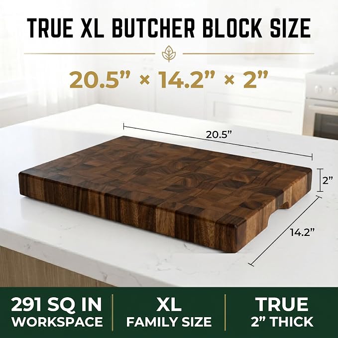 SHUMARU XL 20.5 × 14.2 × 2" End Grain Cutting Board, Professional Butcher Block, Thick Exotic Heartwood Chopping Block, Knife-Friendly, Maximum Work Space Side Handles & Non-Slip Feet