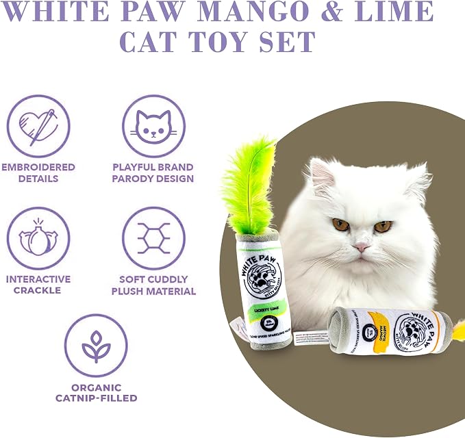 Haute Diggity Kitty White Paw Mango & Lime Set, Plush Cat Toys Catnip Filled with Interactive Crackle Sound, Safe & Durable Toys for Cat & Kitten, 2 Pcs