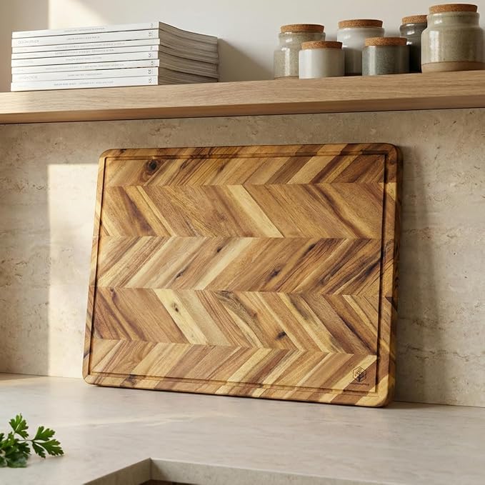 Herringbone Acacia Wood Cutting Boards for Kitchen, 1.5 in Thick Butcher Block Construction for Stability, 17 x 13 in Large Cutting Boards with Gift Box, Juice Groove and Handle