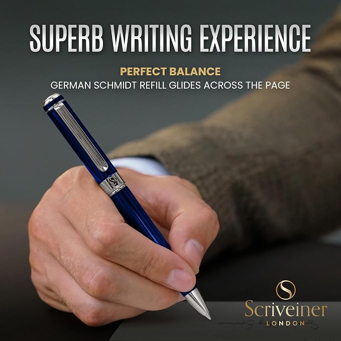 Scriveiner Personalized Midnight Blue Ballpoint Pen - Stunning Blue Lacquer Luxury Pen, Chrome Finish, Schmidt Ink Refill, Best Engraved Ball Point Gift Set for Men & Women, Custom Name Engraving