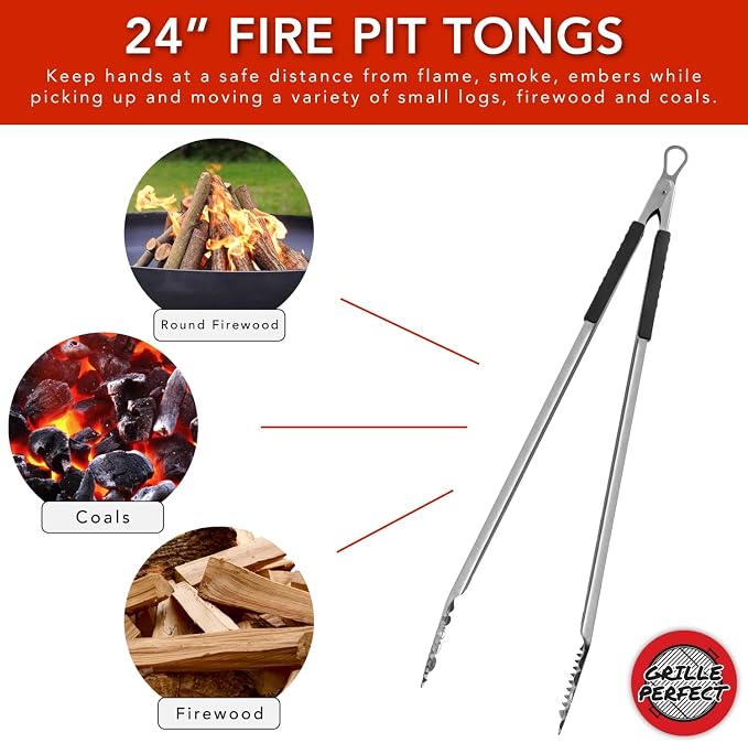 Fire Pit Wood Tongs 24-inch Long for Loading (12 lbs. Max Lift) with Safety Hand Grips for Fire Rings, Campfires, and Fireplaces, Outdoor or Indoor