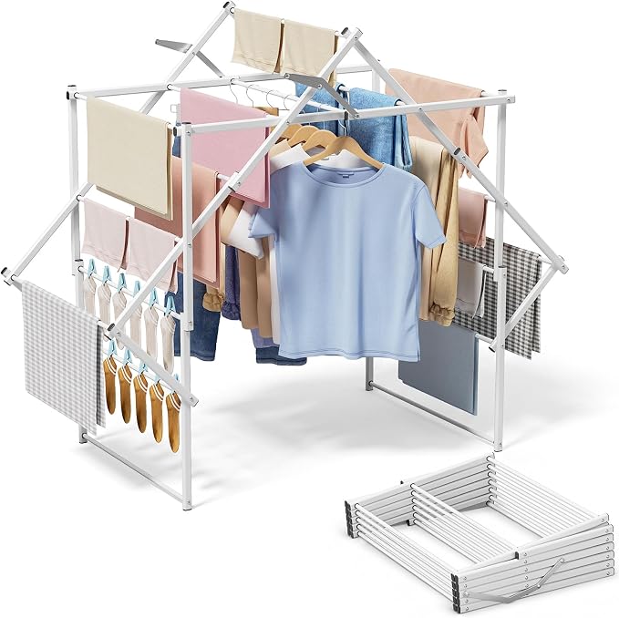 Sakugi Foldable Clothes Drying Rack, Stable Arch Structure with Safety Lock | Stable Arch Structure, Laundry Room, Indoor & Outdoor, Clothing & Towels, Foldable Design, 23.4"D x 48.0"W x 40.0"H, White