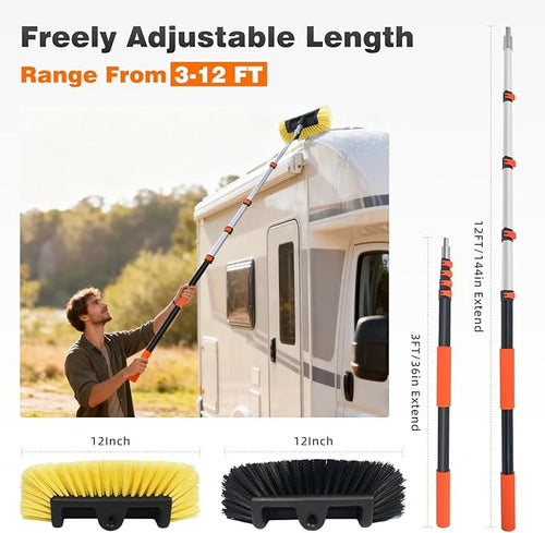 12FT Car Wash Brush with Long Handle, Car Cleaning Brush with 12" Soft Bristle and 12" Hard Bristle, 3-12Ft Telescopic Pole for Scratch-Free Cleaning Truck,RV, Boats,House Siding,Floors,Solar Panels