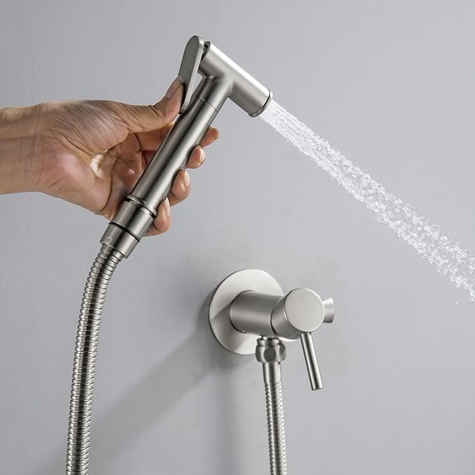 SHAMANDA Warm Water Bidet Sprayer for Toilet with Hot and Cold Brass Rough-in Valve, Stainless Steel Round Handheld Bidet Attachment Set for Feminine, Pets and Baby Diaper Wash, Brushed Nickel