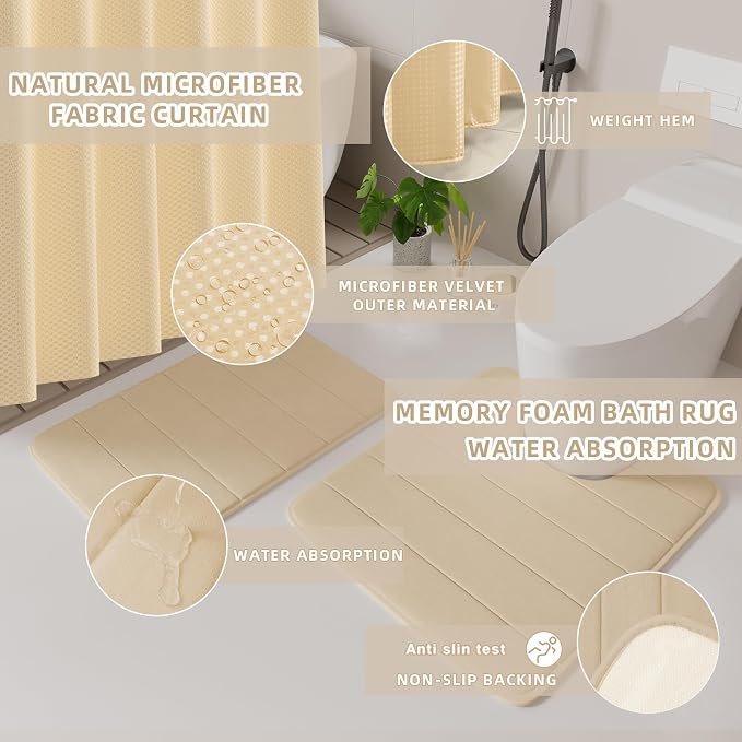 XLHOMO Bathroom Set- 25PC Beige Bathroom Set, Bathroom Set with Shower Curtain and Rugs, Beige Shower Curtain Set, Toilet Brush, Bathroom Trash Can