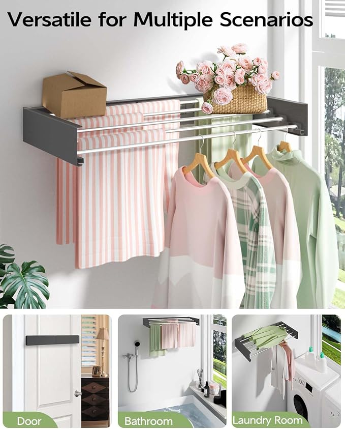 Vikaqi Wall Mounted Clothes Drying Rack 32", Foldable Wall Mount Laundry Rack Folding Indoor, Drying Rack Clothing Collapsible, Hidden Space Saver with Wall Template, 5 Rods, Black