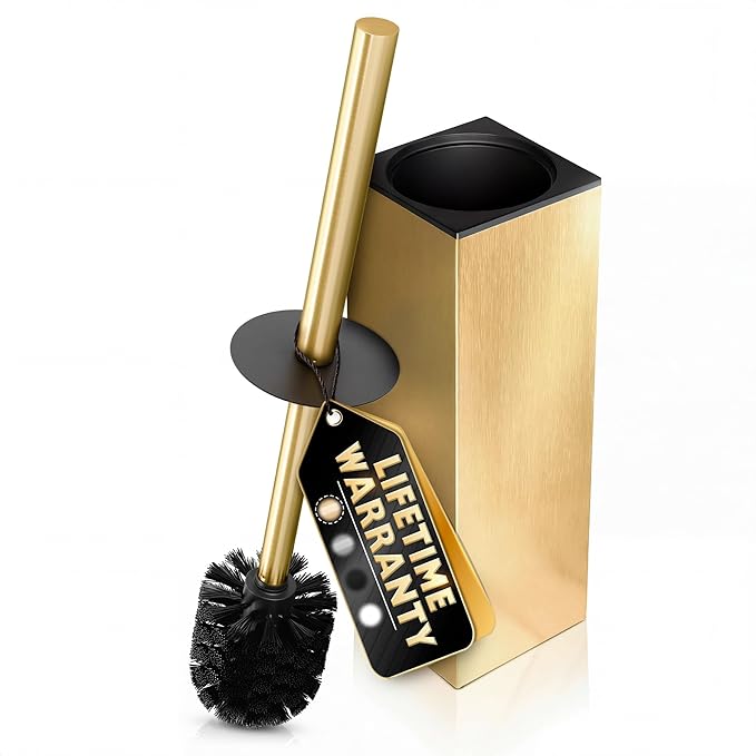 Stainless Steel Toilet Brush and Holder Set Gold & Square Design - Corrosion and Scratch-Resistant Gold Toilet Brush and Holder Set with Splash Protection - for Deep & Effective Bathroom Cleaning